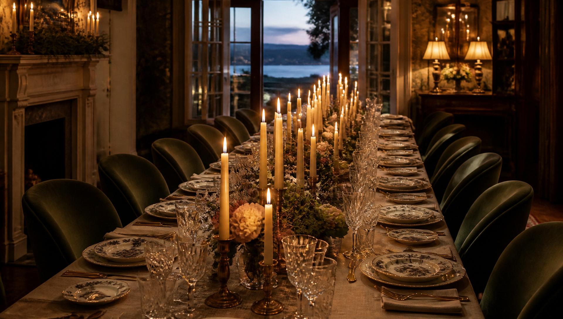 A gathered table set with linen, china and candles