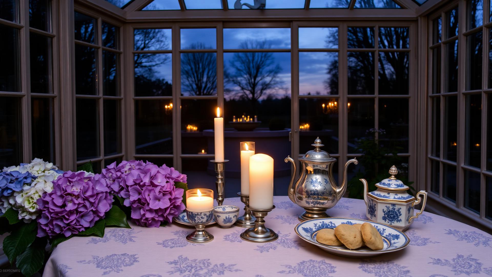 The last light of afternoon over a finished tea table