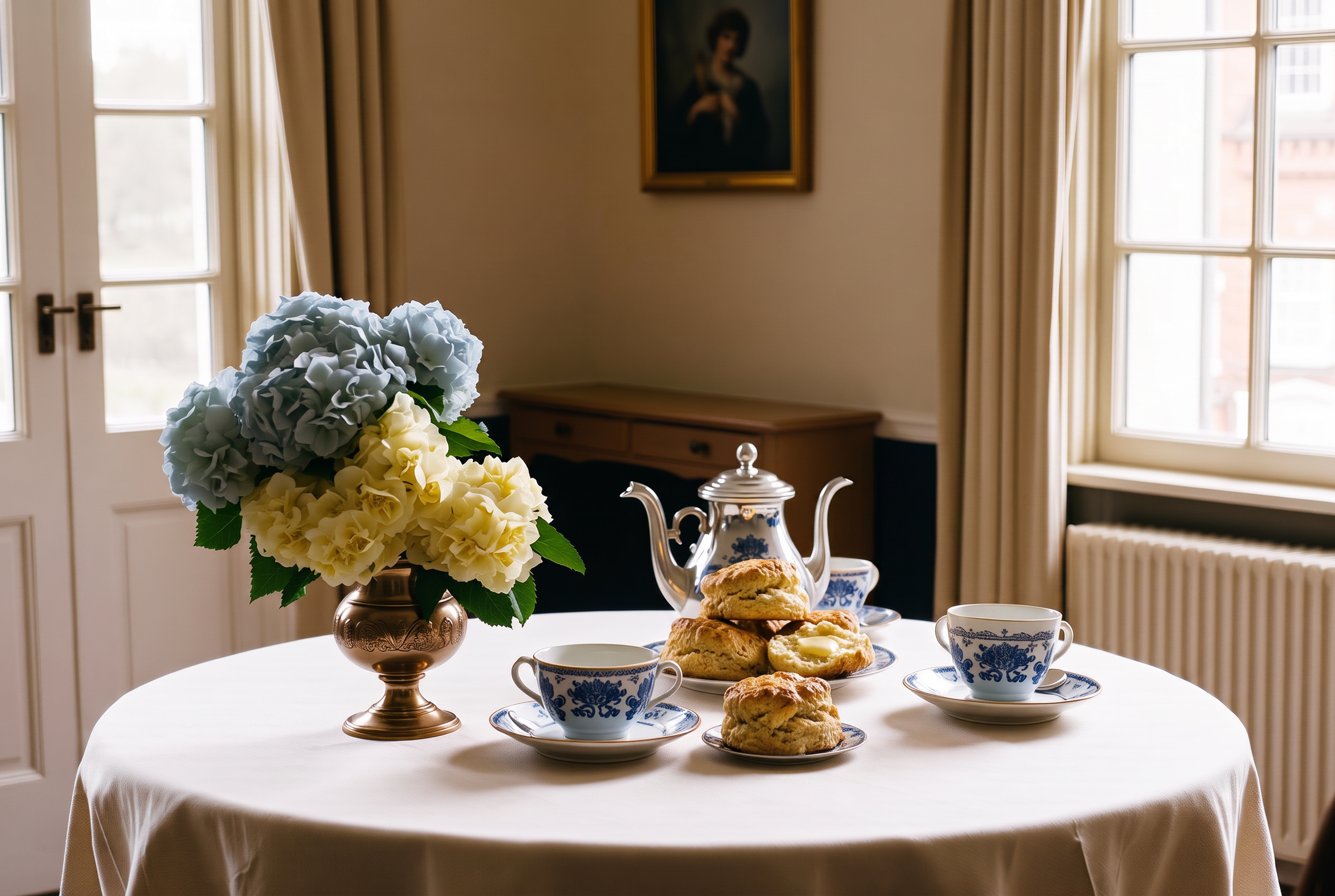 A pot of Irish tea being poured beside a plate of fresh scones on a linen-covered table